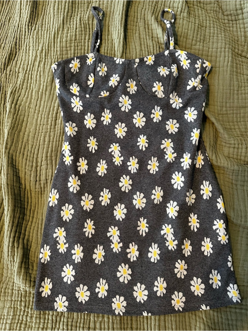 Daisy-Print Charcoal Mini Dress with Spaghetti Straps